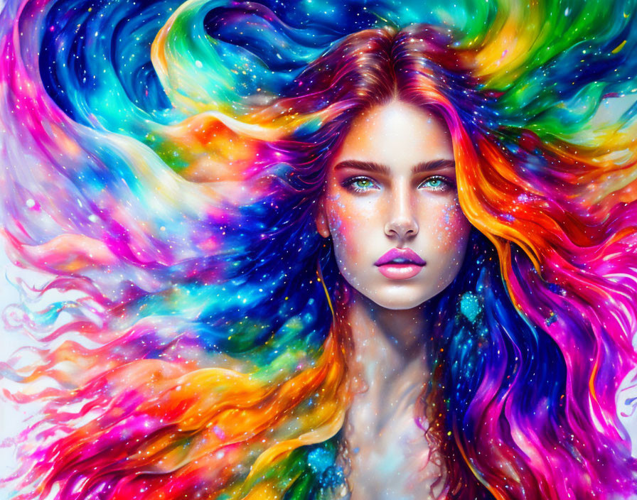 Colorful portrait of a woman with galaxy hair and intense gaze