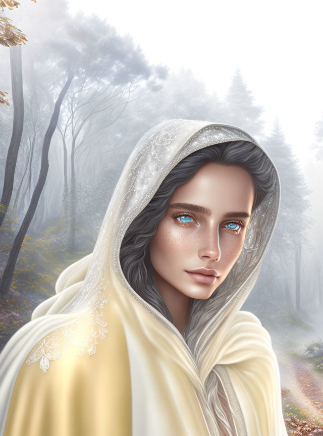 Woman in white hooded cloak with blue eyes in misty forest portrait