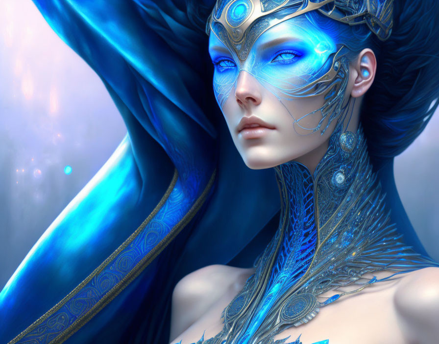 Blue-skinned woman with gold headpiece and cloak in digital art