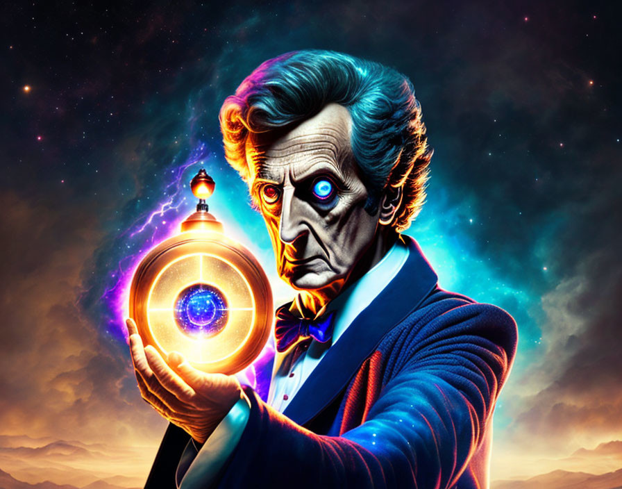 Stylized portrait of man with intense eyes holding glowing orb in cosmic background