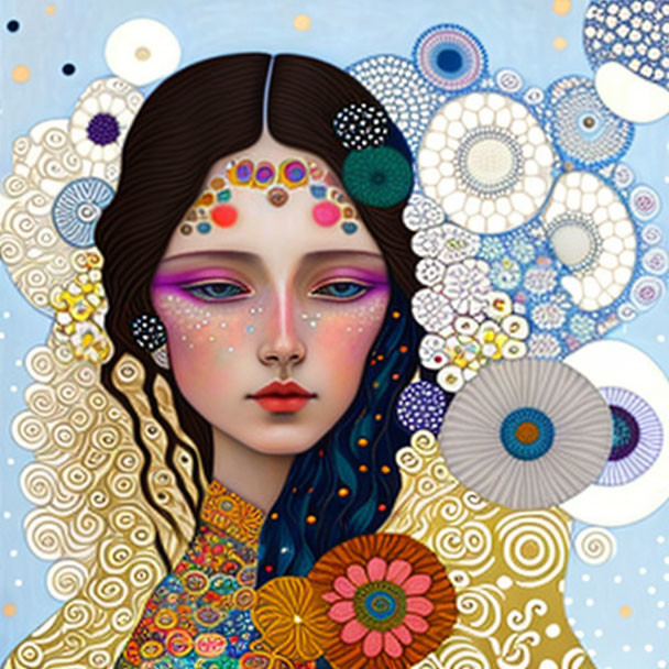 Colorful patterned portrait of a woman with floral designs in whimsical style