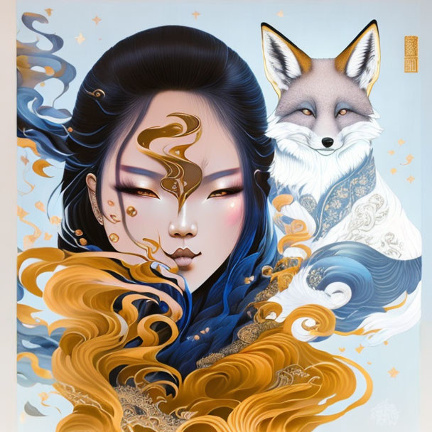 Stylized illustration of woman with gold face designs and fox on swirling golden-blue backdrop