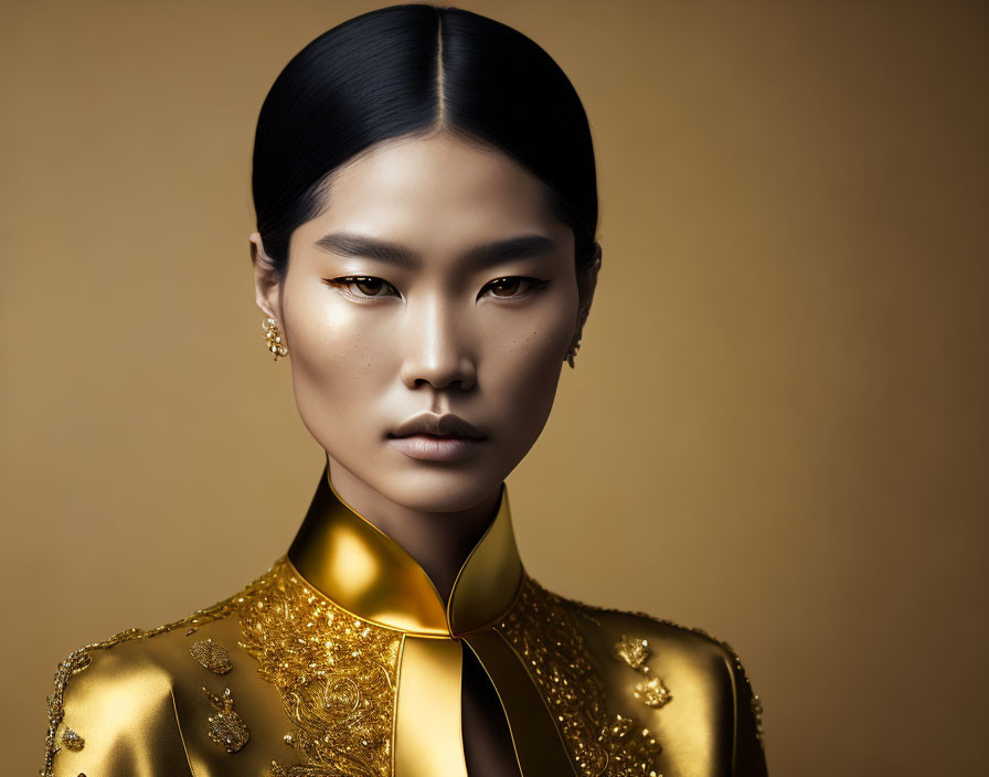 Asian woman portrait in gold textured outfit with high collar