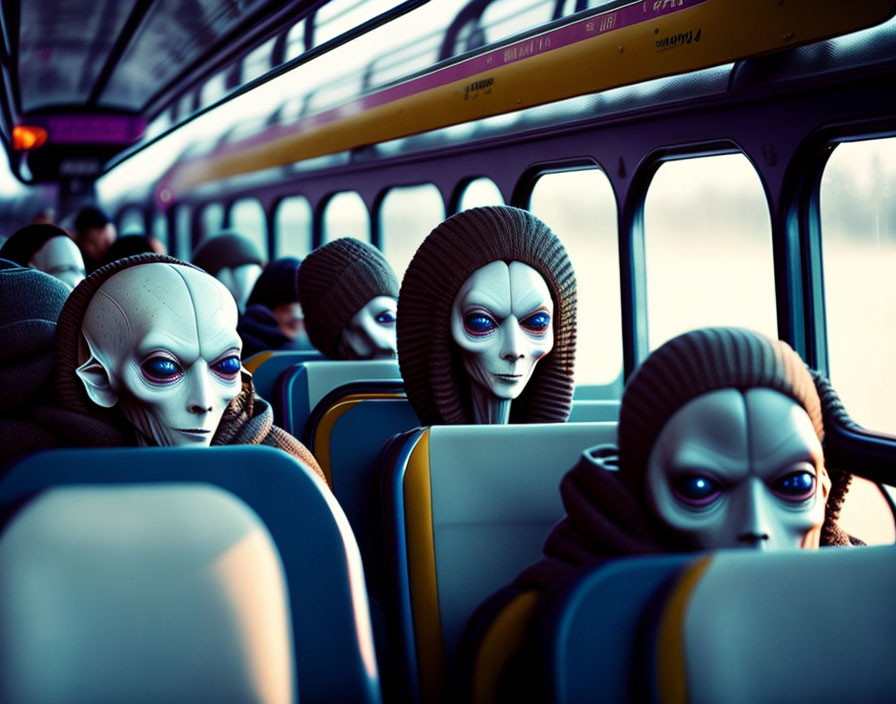 Alien humanoid creatures in bus setting, surreal and eerie vibes