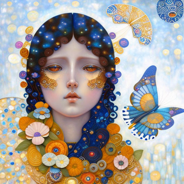 Surreal portrait featuring starry night hair, golden floral motifs, butterfly, vibrant blue and golden