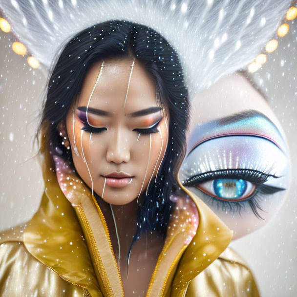 Portrait of a person with dark hair, gold jacket, detailed makeup, and expressive eye on sparkly