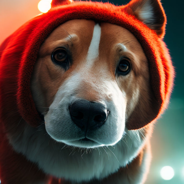 Brown and white dog in orange beanie against colorful bokeh background