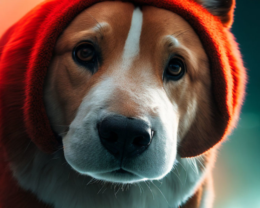 Brown and white dog in orange beanie against colorful bokeh background