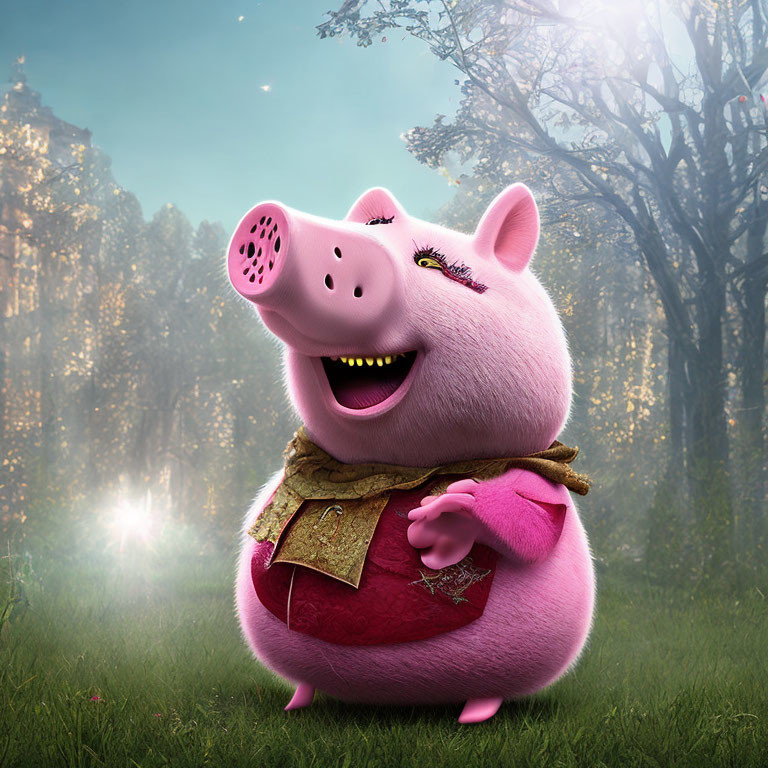 Animated pig in pink dress in mystical forest glade