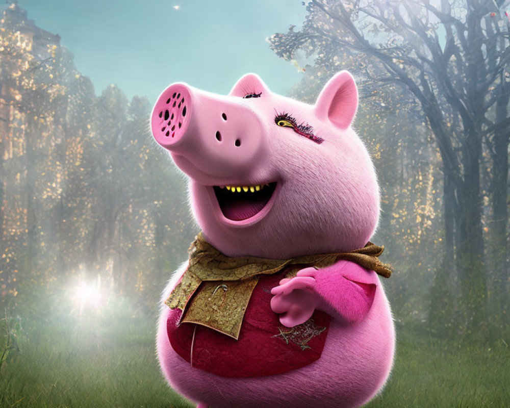 Animated pig in pink dress in mystical forest glade