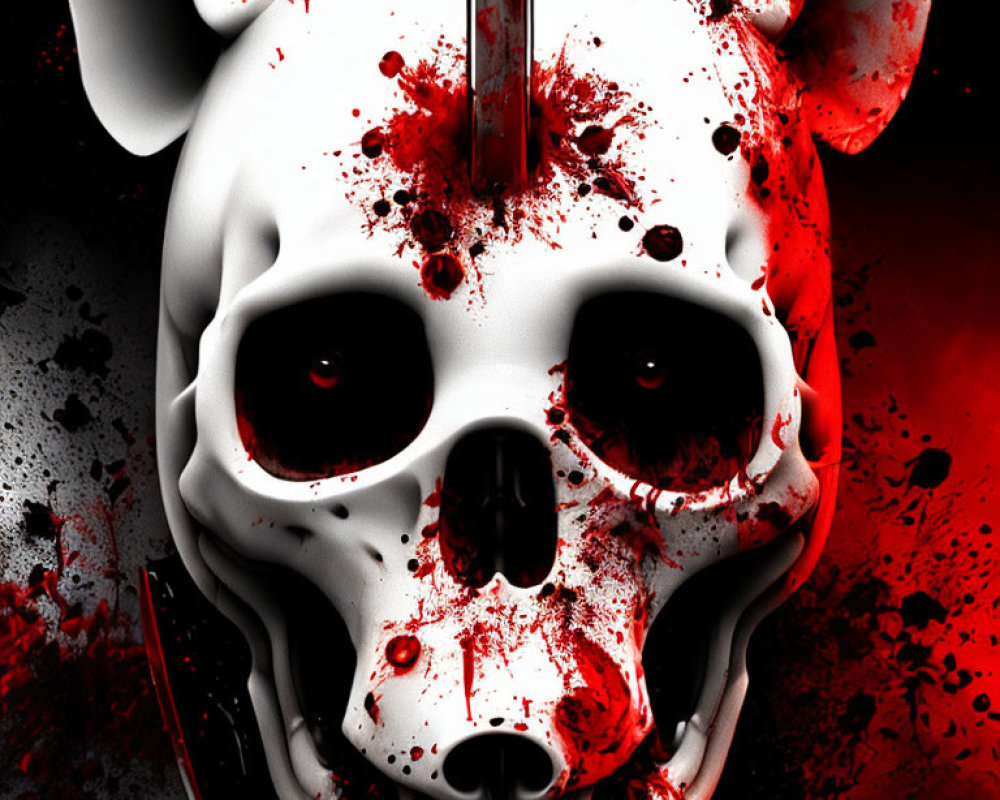 White Skull with Canine Features on Red and Black Splattered Background