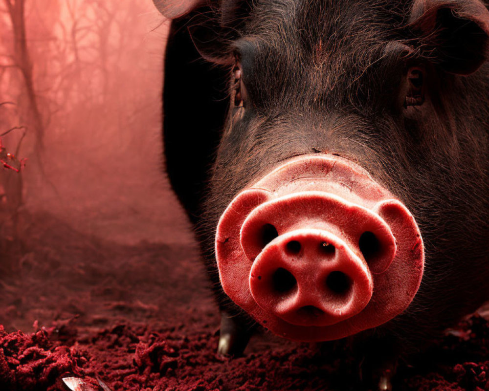 Close-up of pig with prominent snout in red environment with mystical forest background