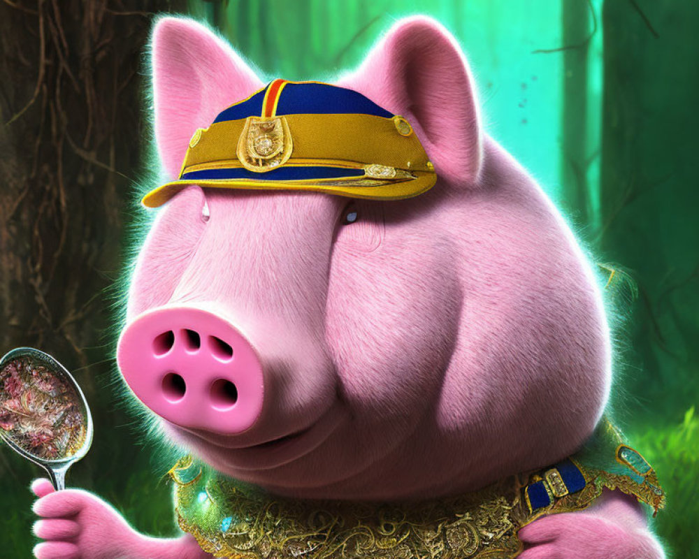 Anthropomorphic Pig in Police Uniform with Magnifying Glass in Mystical Forest
