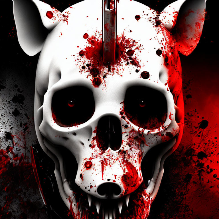 White Skull with Canine Features on Red and Black Splattered Background