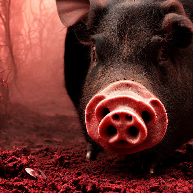 Close-up of pig with prominent snout in red environment with mystical forest background