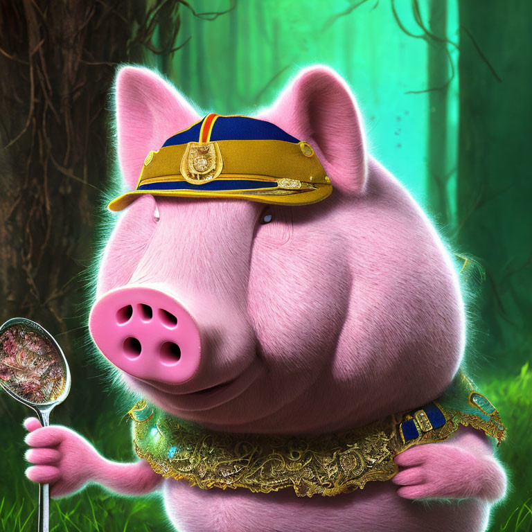 Anthropomorphic Pig in Police Uniform with Magnifying Glass in Mystical Forest