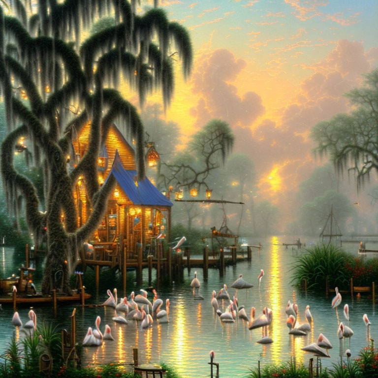 Tranquil lakeside sunset with flamingos, lit gazebo, lush trees