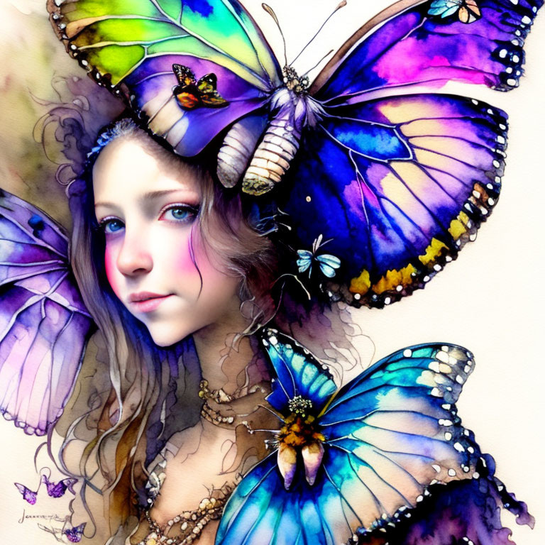 Colorful illustration of woman with butterfly wings hair in purple, blue, and yellow.