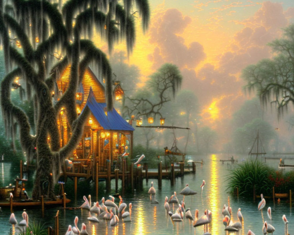 Tranquil lakeside sunset with flamingos, lit gazebo, lush trees