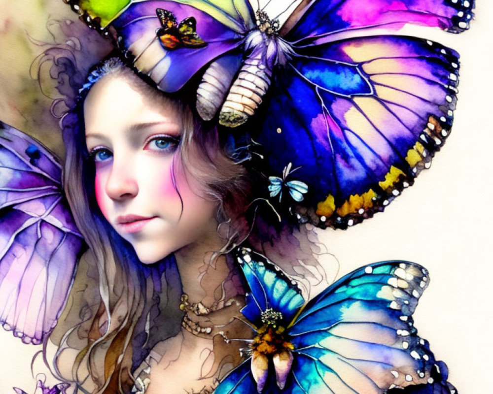 Colorful illustration of woman with butterfly wings hair in purple, blue, and yellow.