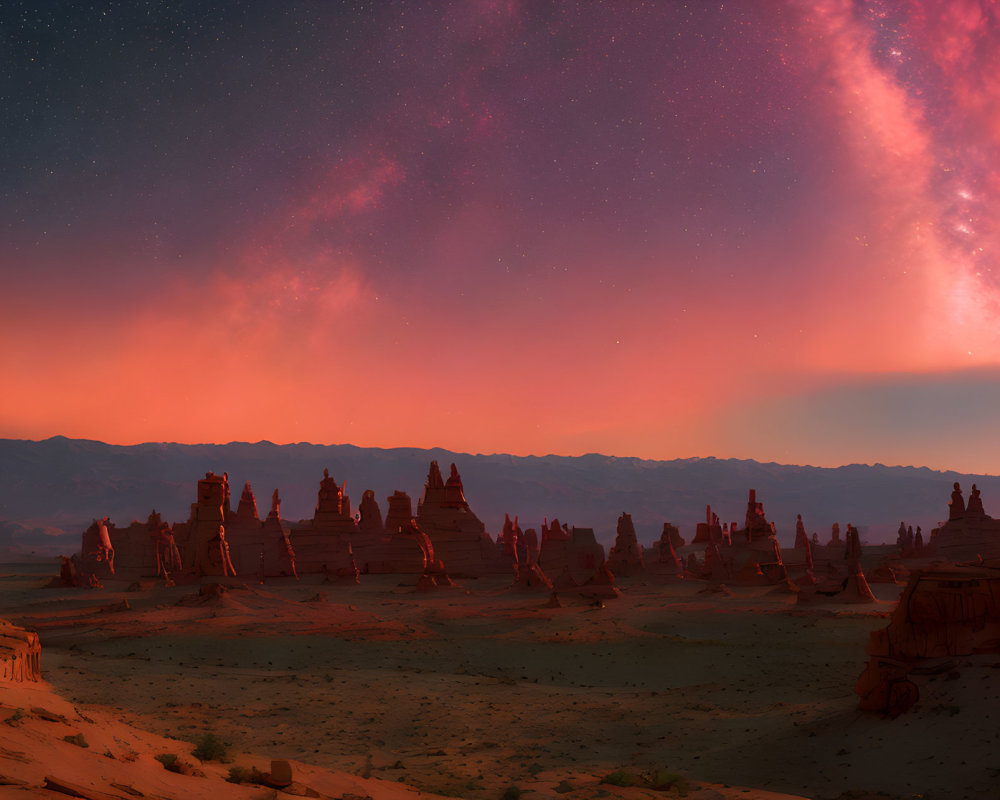 Starry night sky over desert landscape with rock formations at dusk