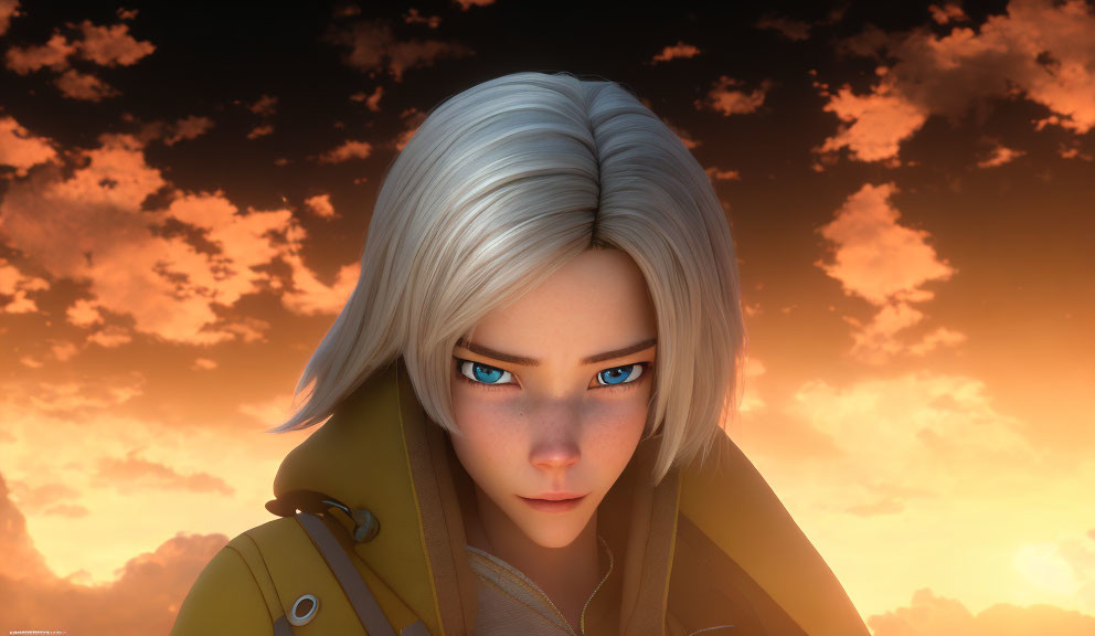 White-Haired Female Character in Yellow Jacket with Blue Eyes on Cloudy Sunset Background