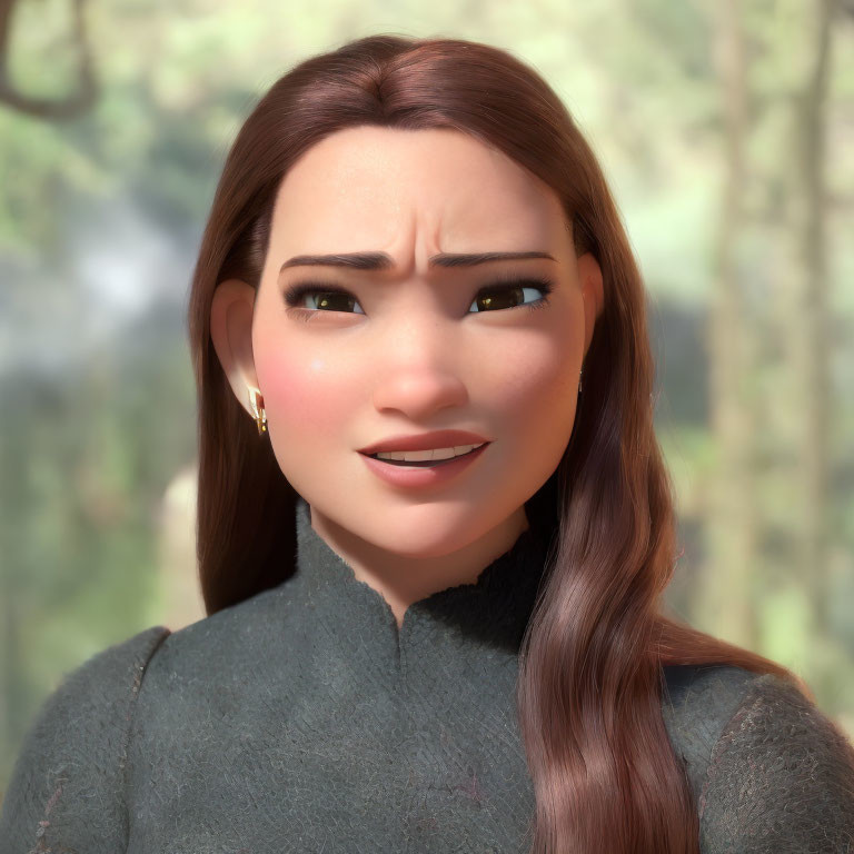 3D animated female character with brown hair and golden earrings in skeptical pose