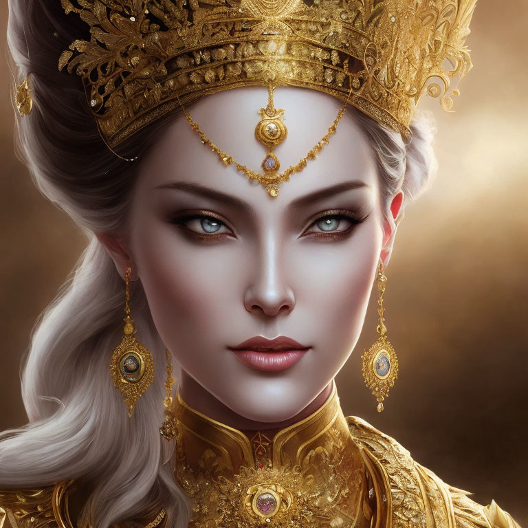 Regal woman with blue eyes, gold crown, jewelry, and white hair on golden backdrop