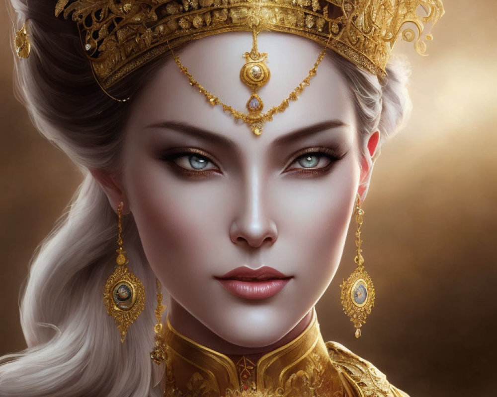 Regal woman with blue eyes, gold crown, jewelry, and white hair on golden backdrop