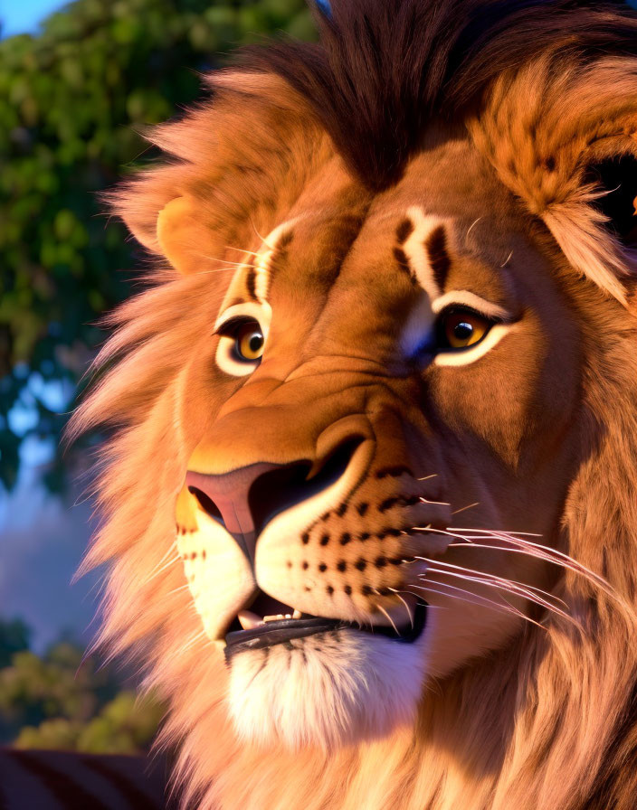 Detailed animated lion with full mane and amber eyes on softly lit background.