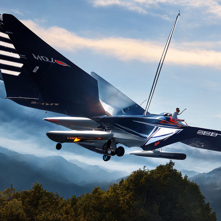 Person saluting on sleek aircraft with mountains in hazy sky