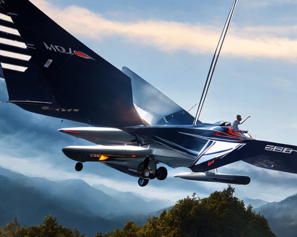 Person saluting on sleek aircraft with mountains in hazy sky