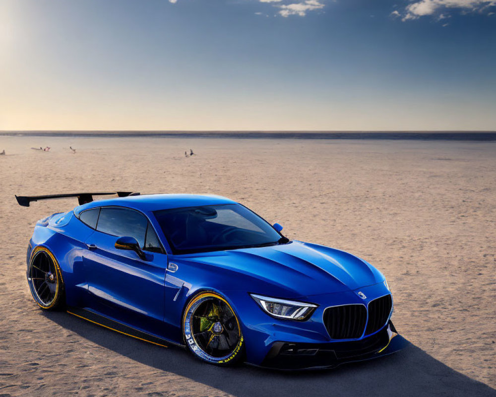 Blue Sports Car with Black Rear Spoiler on Sandy Beach with Seagulls