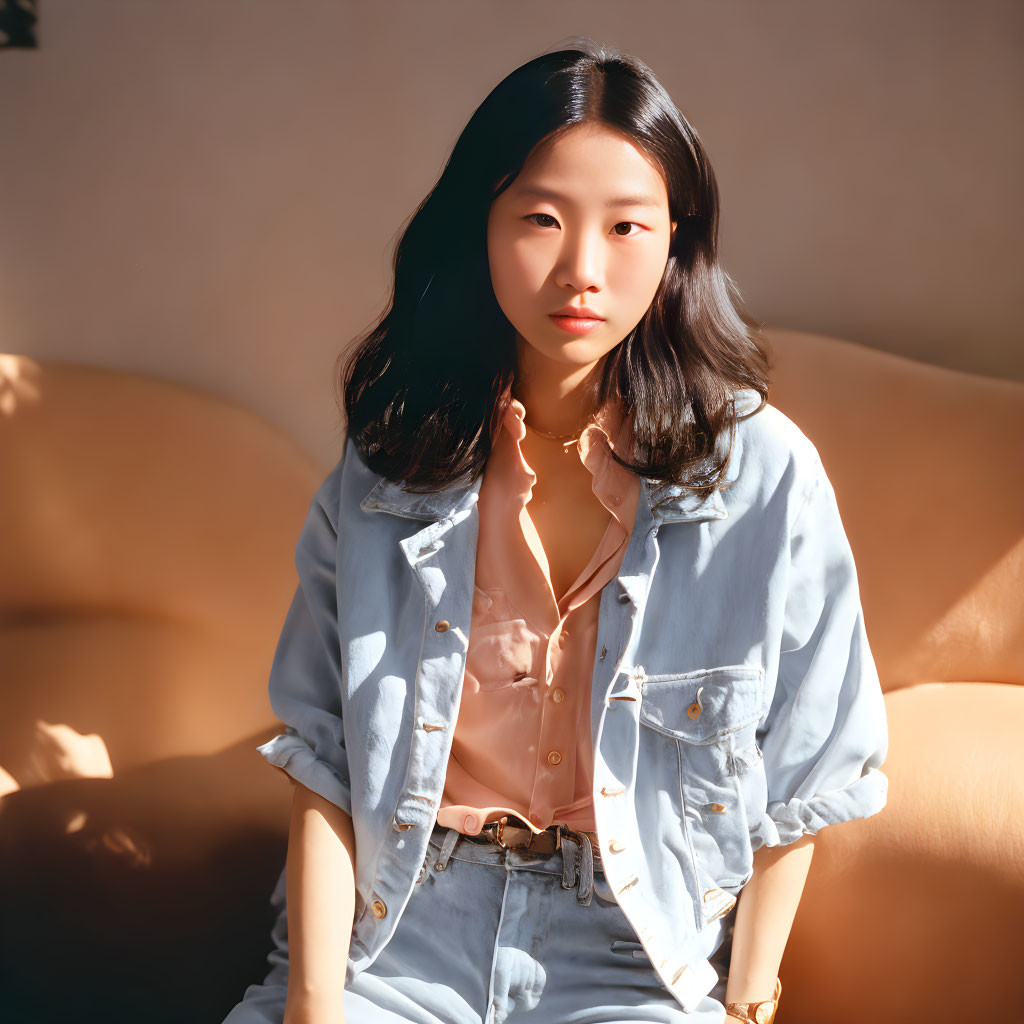 Woman with Shoulder-Length Hair in Light Blue Shirt Sitting in Sunlight