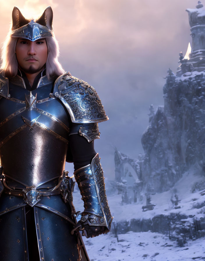 Knight in ornate armor against snowy mountain backdrop and distant castle.