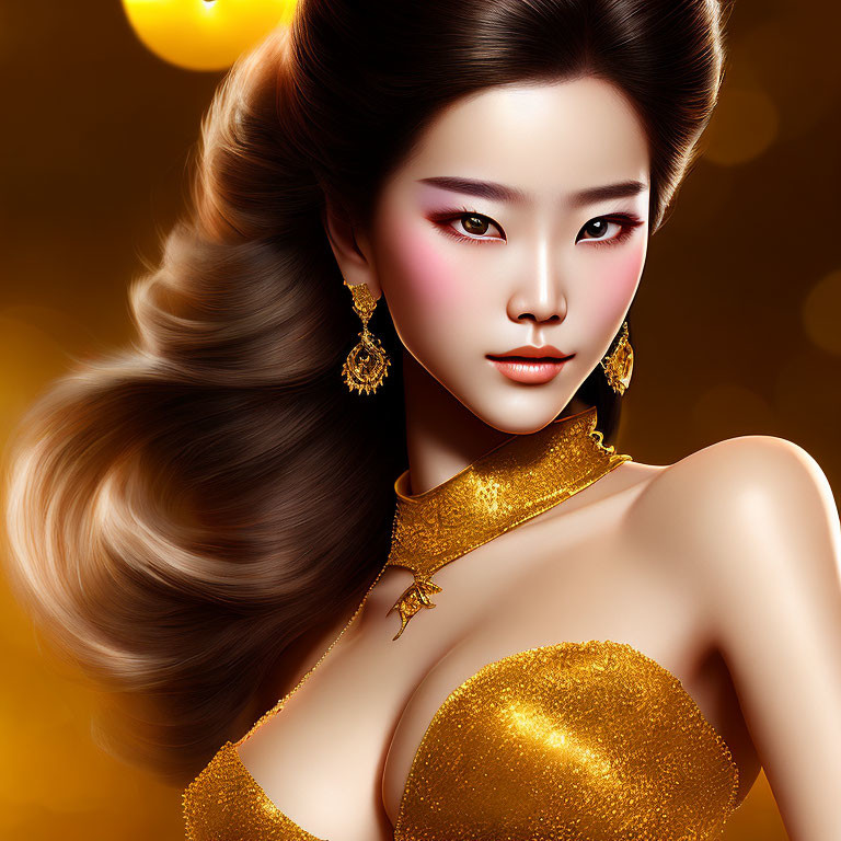 Digital Illustration: Woman in Gold Attire on Golden Background