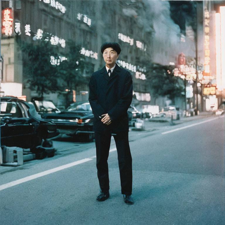 Man in Dark Suit Stands in City Street at Dusk