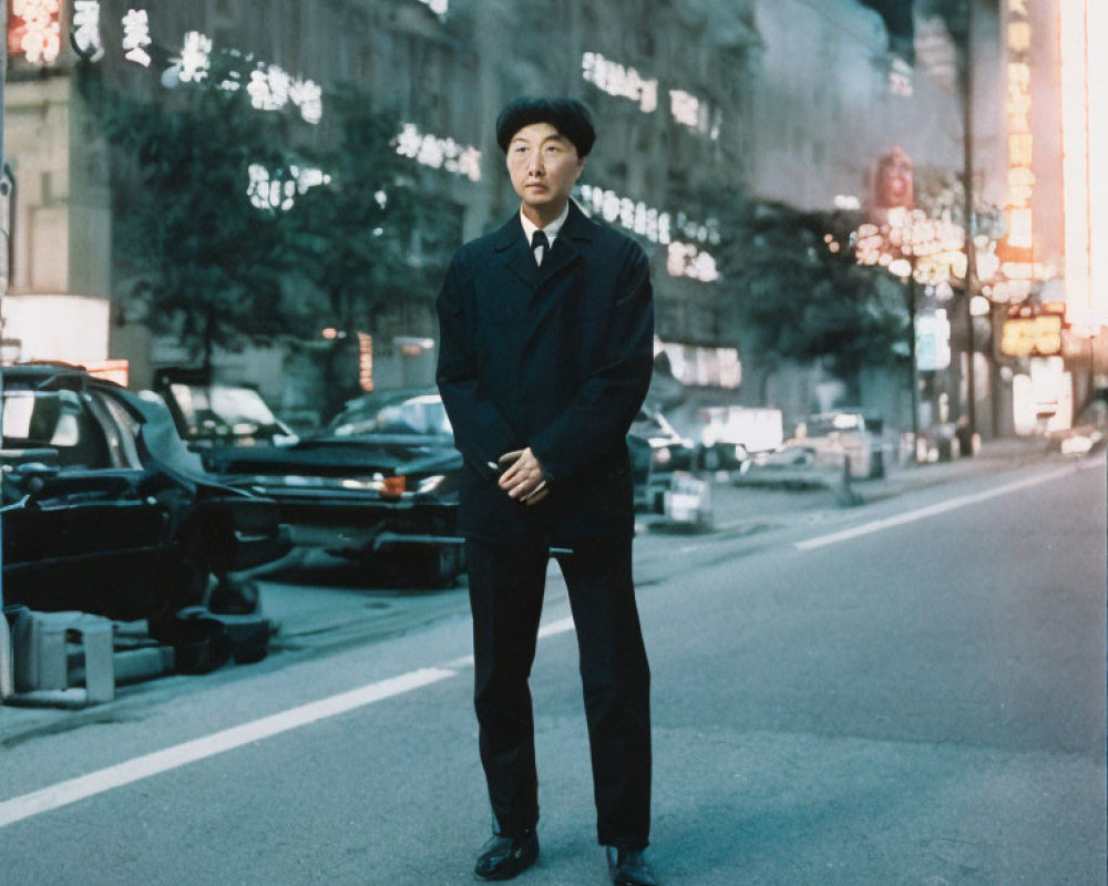 Man in Dark Suit Stands in City Street at Dusk