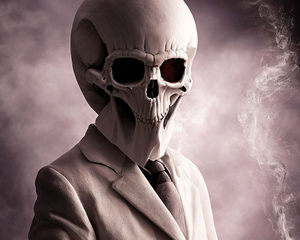 Skull mask person in suit with glowing red eyes on dark purple background