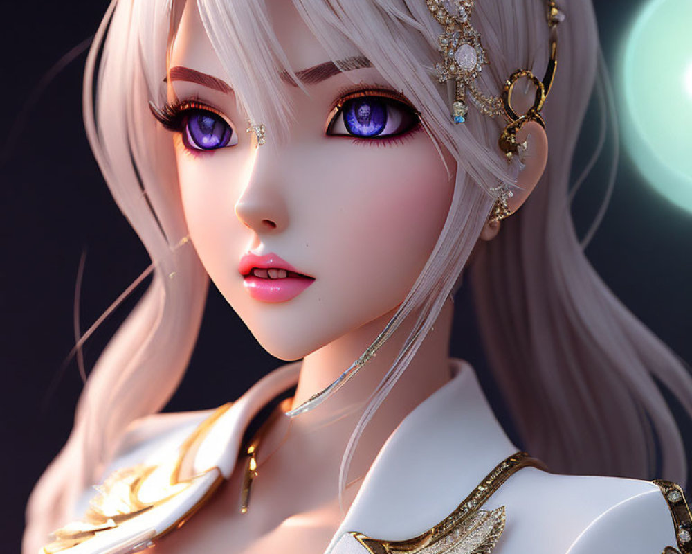 Close-up of 3D-rendered female character with purple eyes, white hair, and gold jewelry