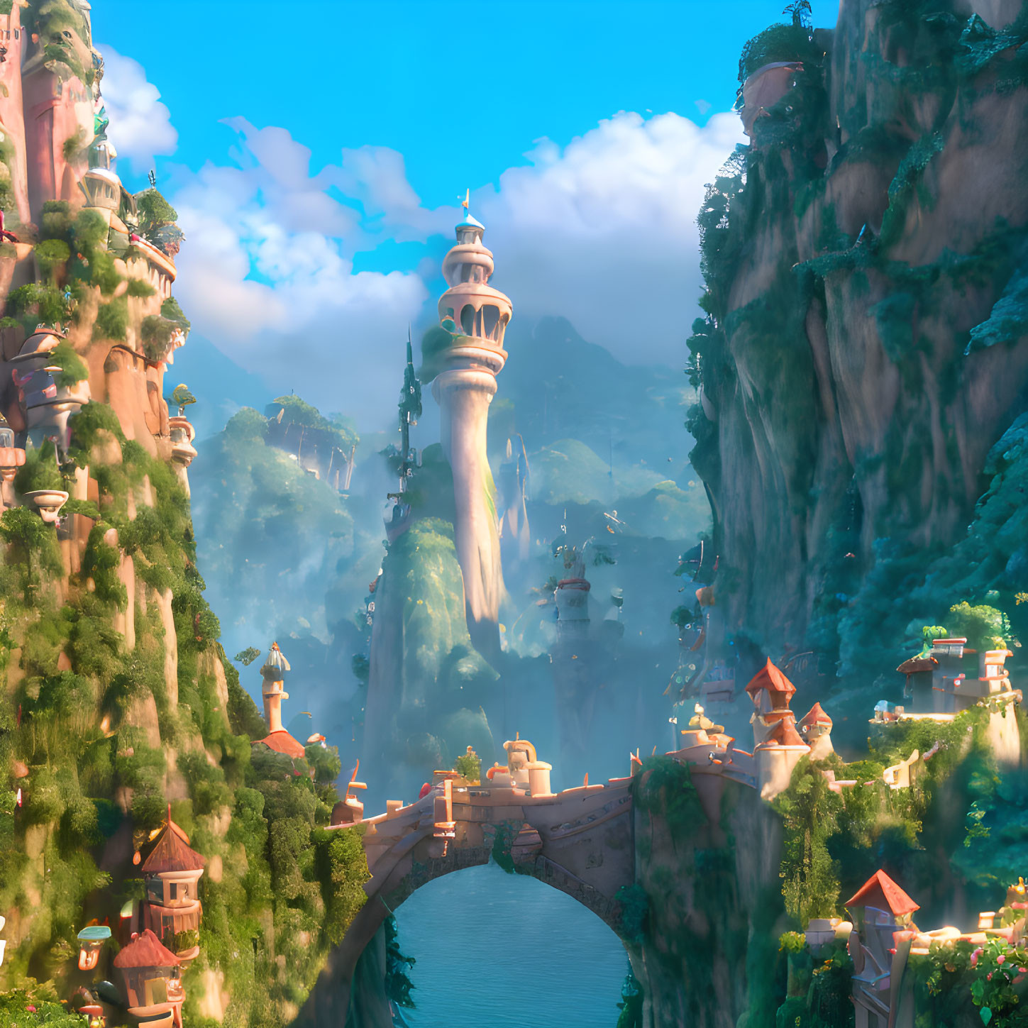 Fantastical landscape with grand tower, floating islands, lush greenery, waterfalls, and whims