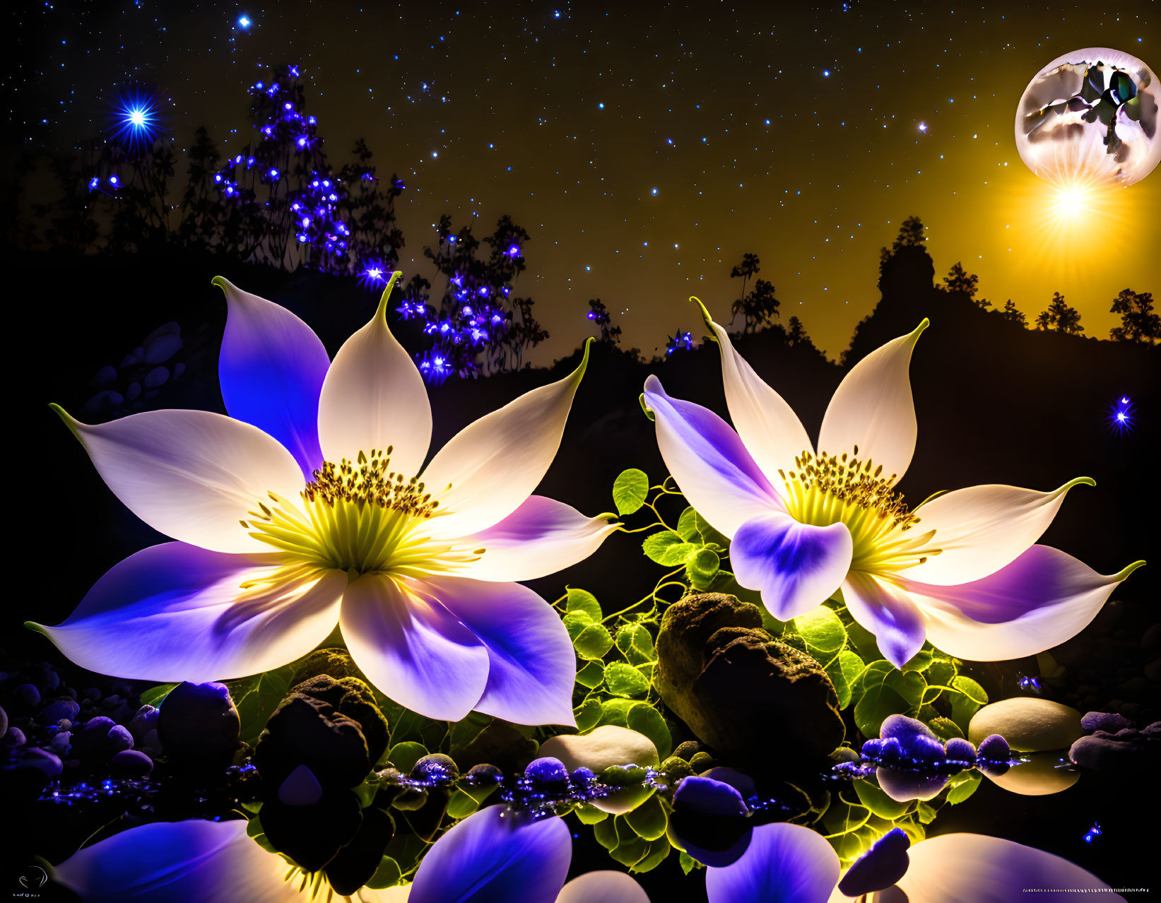 Night scene with glowing white flowers, starry sky, surreal moon.