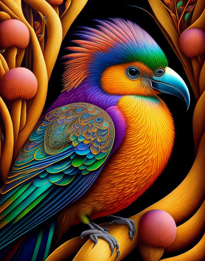 Colorful Parrot Illustration with Intricate Feathers and Foliage