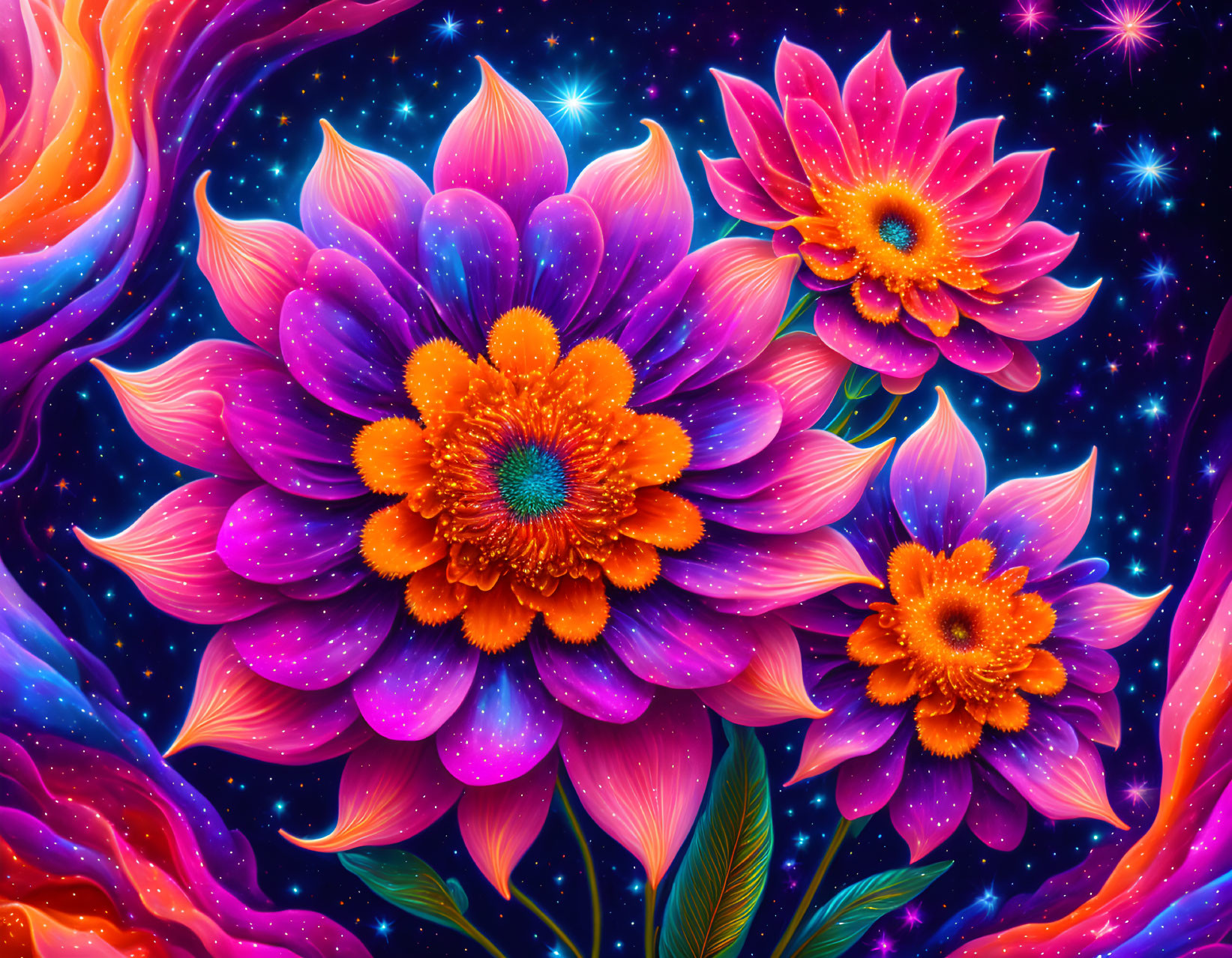 Colorful Digital Artwork: Fluorescent Flowers on Cosmic Background