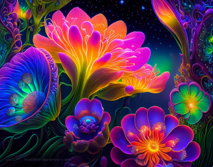 Neon-colored fantastical flowers on dark, starry background