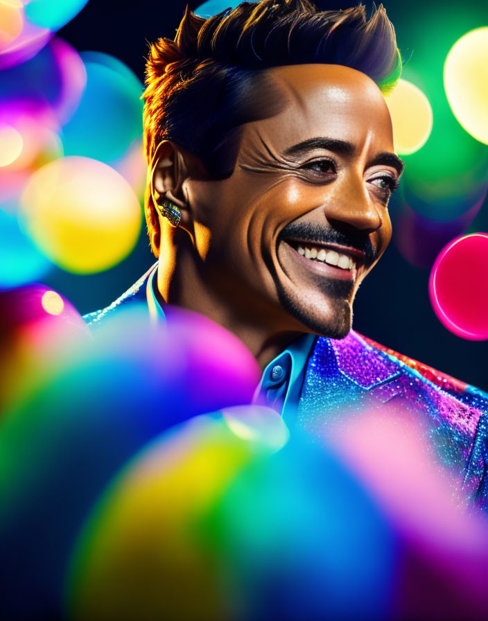 Man with Goatee Smiling in Glittering Jacket Amid Colorful Bokeh Lights