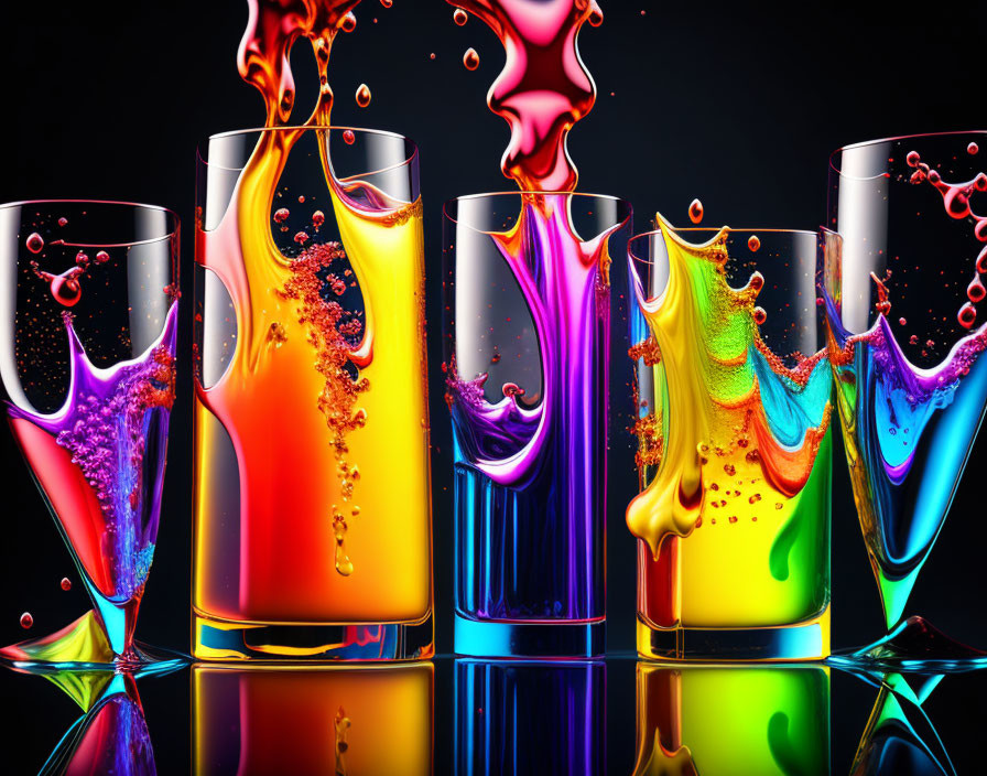 Colorful liquids splash from sleek glasses on dark background