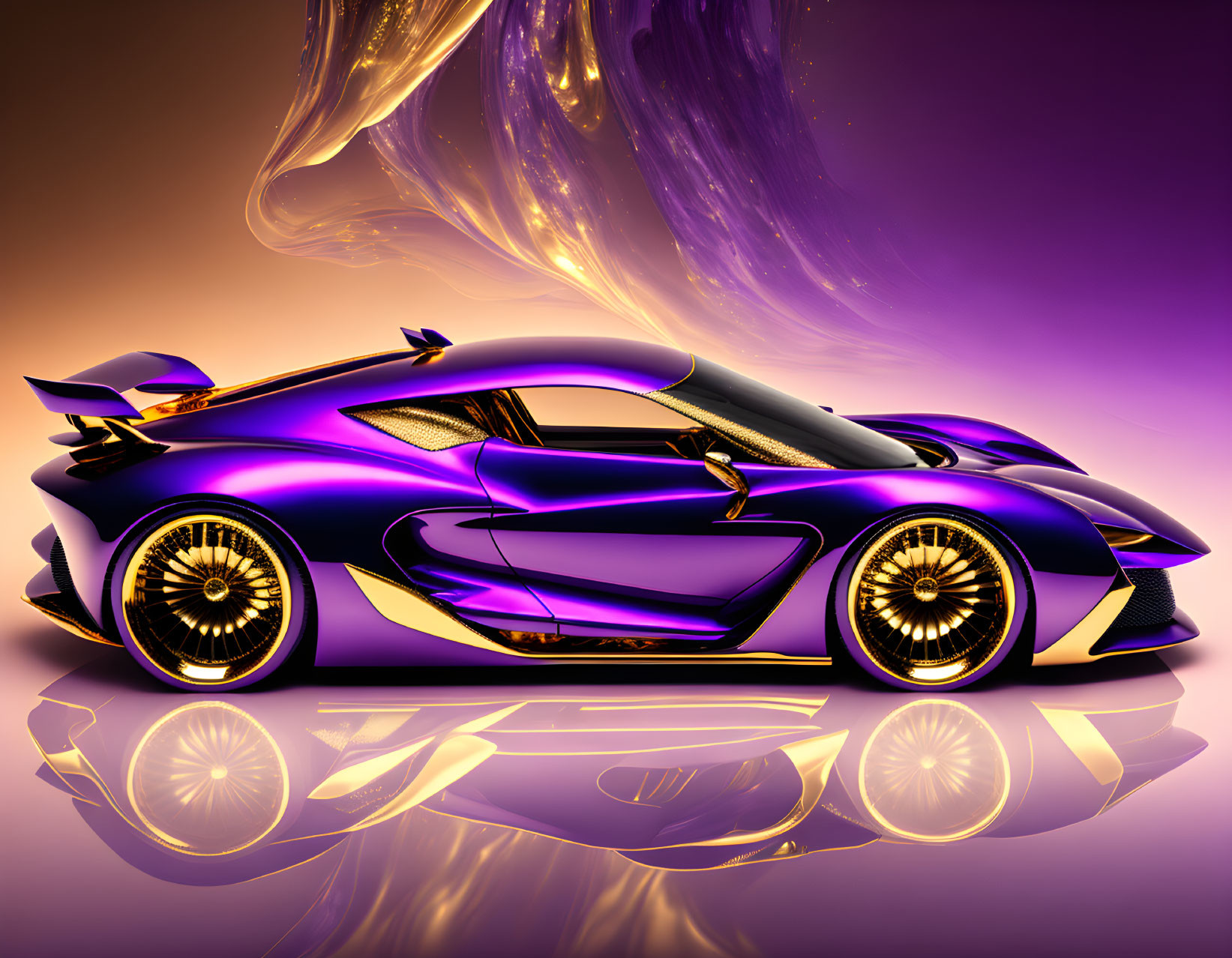 Purple Sports Car with Golden Highlights and Dramatic Lighting