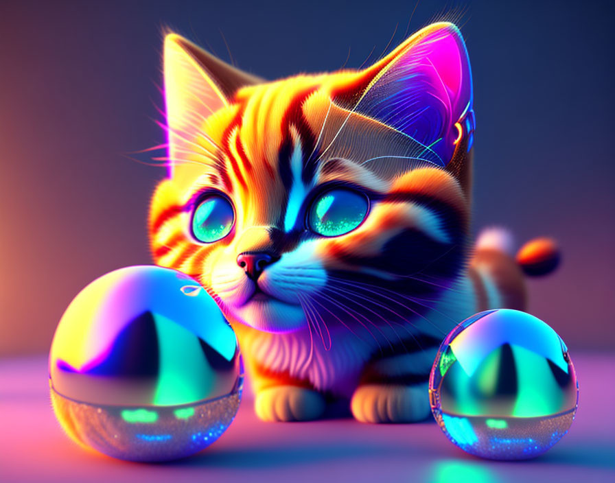 Colorful Neon Illustration of Stylized Orange Tabby Cat