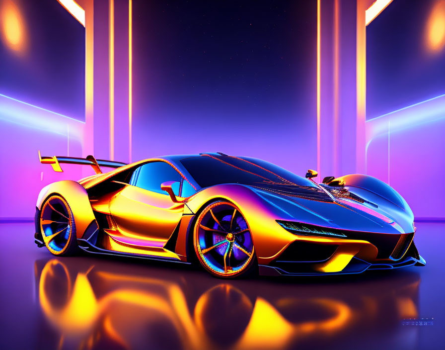 Futuristic sports car digital art with neon lights & spoiler